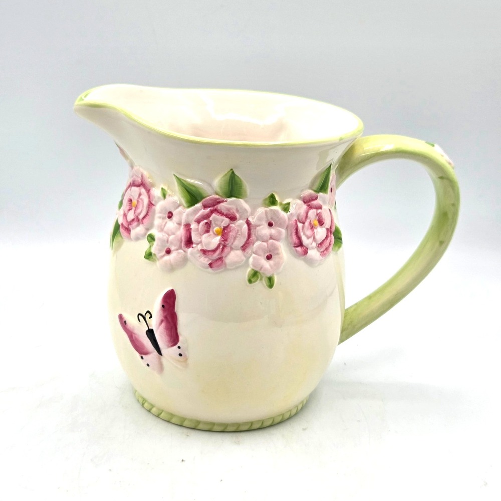 Harry and David Ceramic Pitcher 2 Quart Pink Roses & Butterflies Cottage Core
